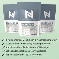 2-Komponentenpulver mit 70,3% Proteinanteil, 24,6g Protein pro Portion, Cremiger Schokoladengeschmack, sehr gut löslich, ohne Soja, vegan, 21 Portionen 750g