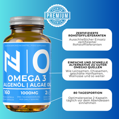 Vegane Omega 3 Kapseln mit Algenöl - 160 Kapseln