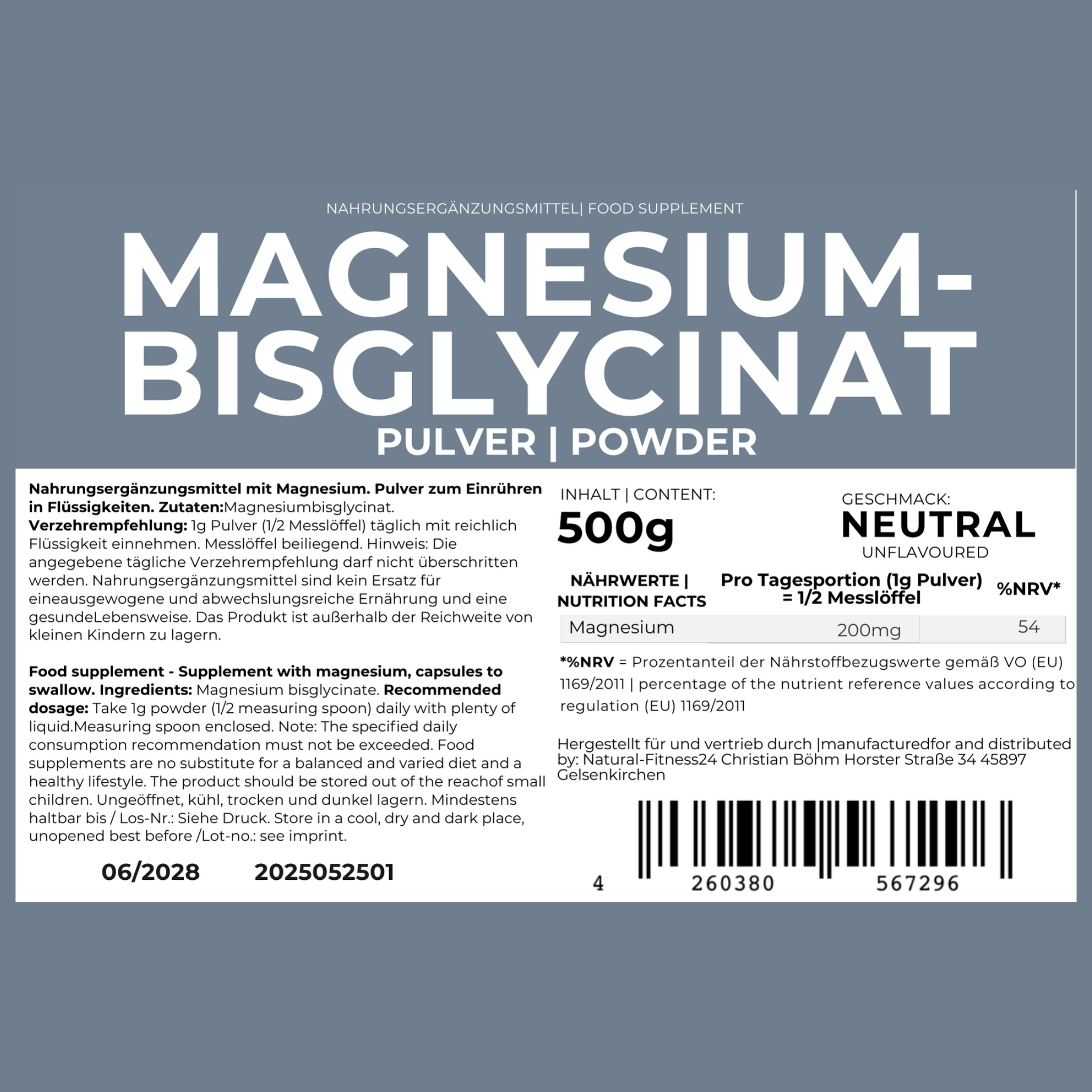 Magnesium Bisglycinat Pulver 500g Nährwerte