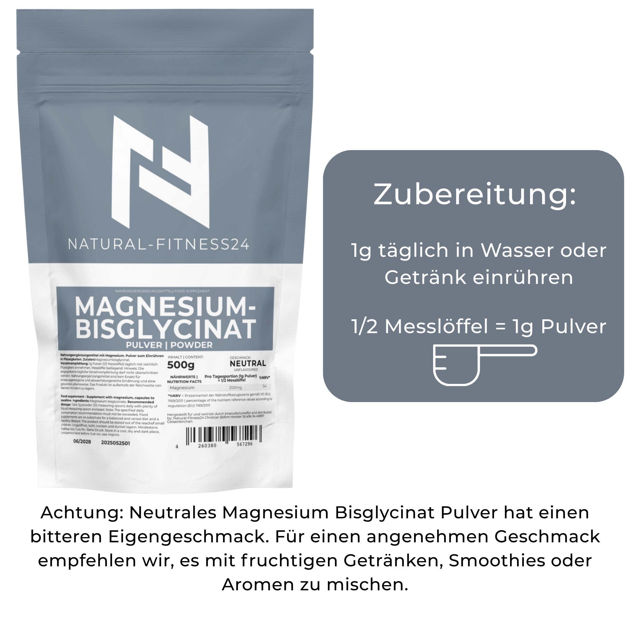 Magnesium Bisglycinat Pulver 500g ohne Süßungsmittel