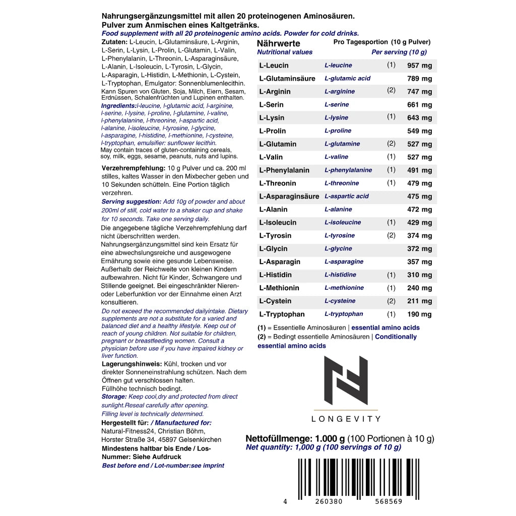 Aminomazing Pure 20 Aminosäuren ohne unnötige Zusatzstoffe wie Aromen und Süßungsmittel 1kg Nährwerttabelle und Etikett