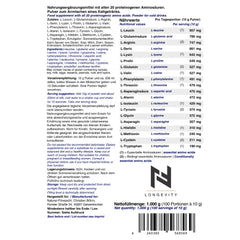 Aminomazing Pure 20 Aminosäuren ohne unnötige Zusatzstoffe wie Aromen und Süßungsmittel 1kg Nährwerttabelle und Etikett