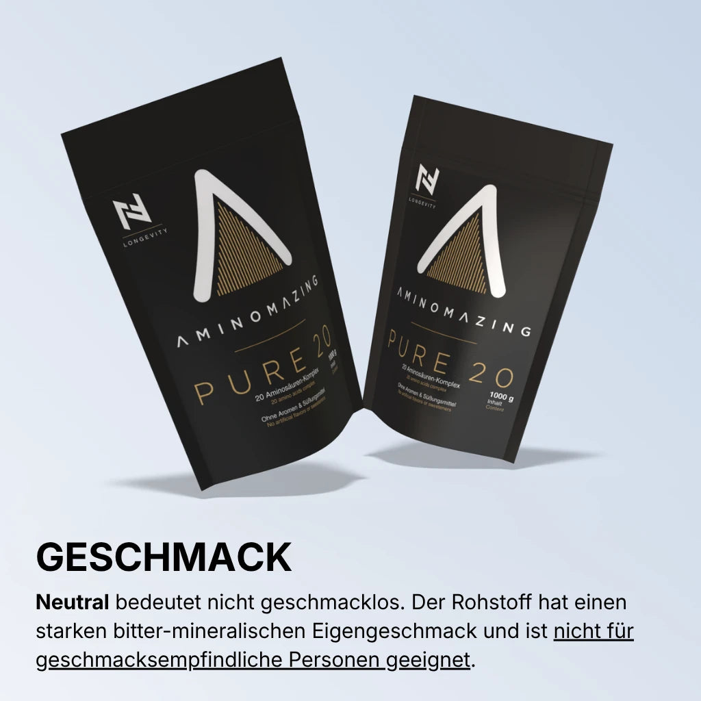 Aminomazing Pure 20 Aminosäuren ohne unnötige Zusatzstoffe wie Aromen und Süßungsmittel schmeckt bitter und ist nicht für Geschmacksempfindliche Personen geeignet