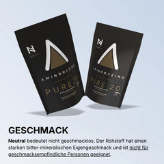 Aminomazing Pure 20 Aminosäuren ohne unnötige Zusatzstoffe wie Aromen und Süßungsmittel schmeckt bitter und ist nicht für Geschmacksempfindliche Personen geeignet