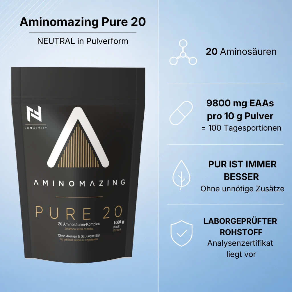 Aminomazing Pure 20 Aminosäuren ohne unnötige Zusatzstoffe wie Aromen und Süßungsmittel 9800mg pro 10g Pulver