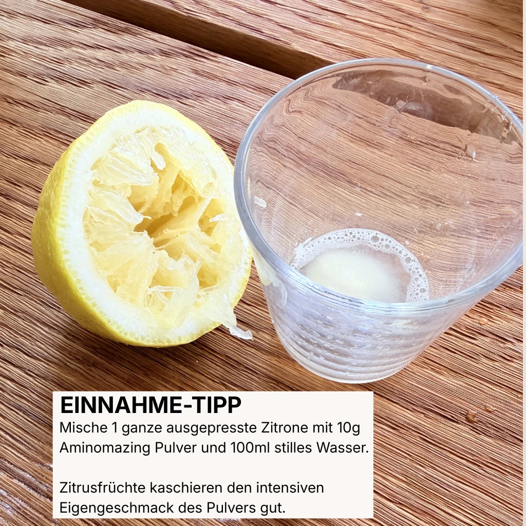 Zubereitung optimalerweise mit 10g Pulver und einer ausgepressten Zitrone und Wasser