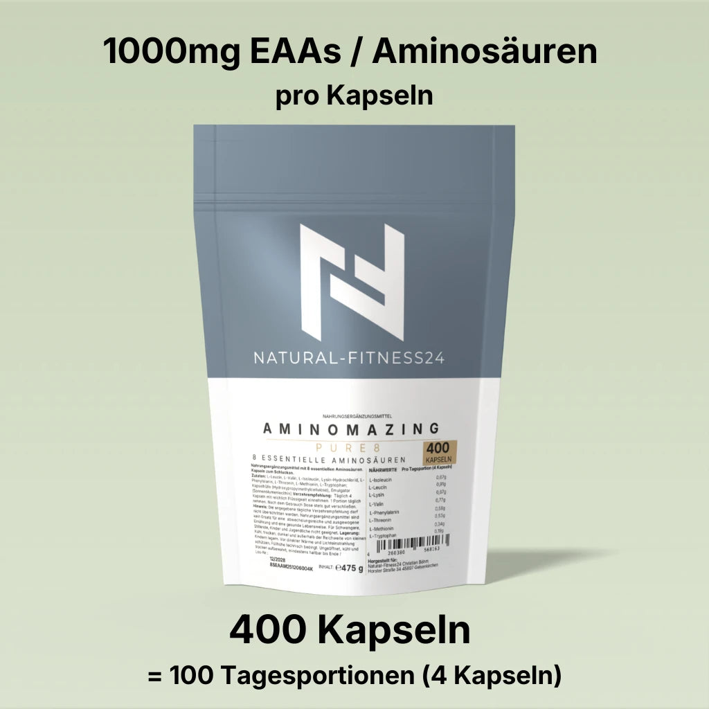 Aminomazing Pure 8 EAA Caps essentielle Aminosäuren 1000mg pro Cap, 400 Kapseln , 100 Tagesportionen, von Natural-Fitness24 
