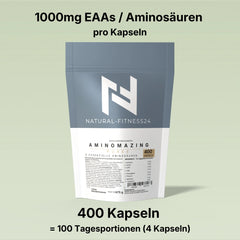 Aminomazing Pure 8 EAA Caps essentielle Aminosäuren 1000mg pro Cap, 400 Kapseln , 100 Tagesportionen, von Natural-Fitness24 