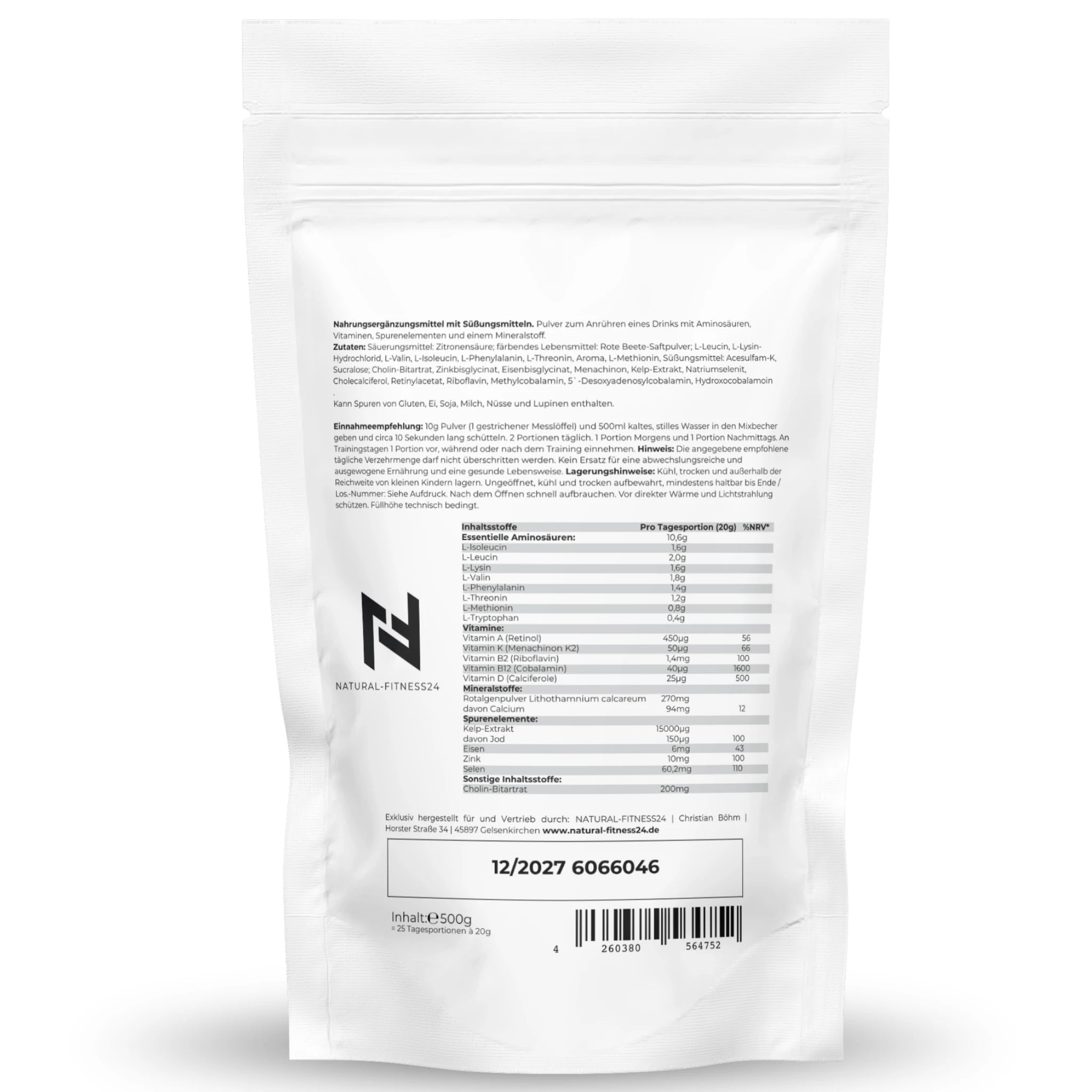 Aminomazing EAA Pulver Tropical 500g mit Vitaminen, Spurenelementen und Mineralstoff Nährwerte