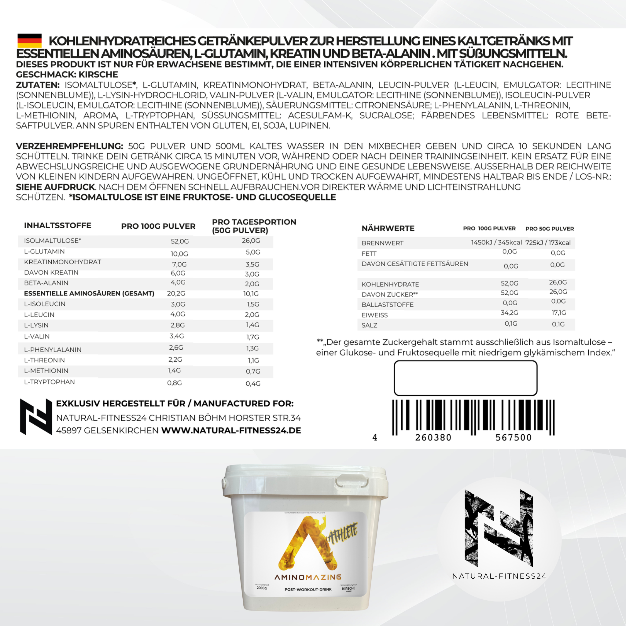 Aminomazing Athlete - Post Workout Drink mit EAAs, Kreatin, Kohlenhydrate, Glutamin, Beta-Alanin 