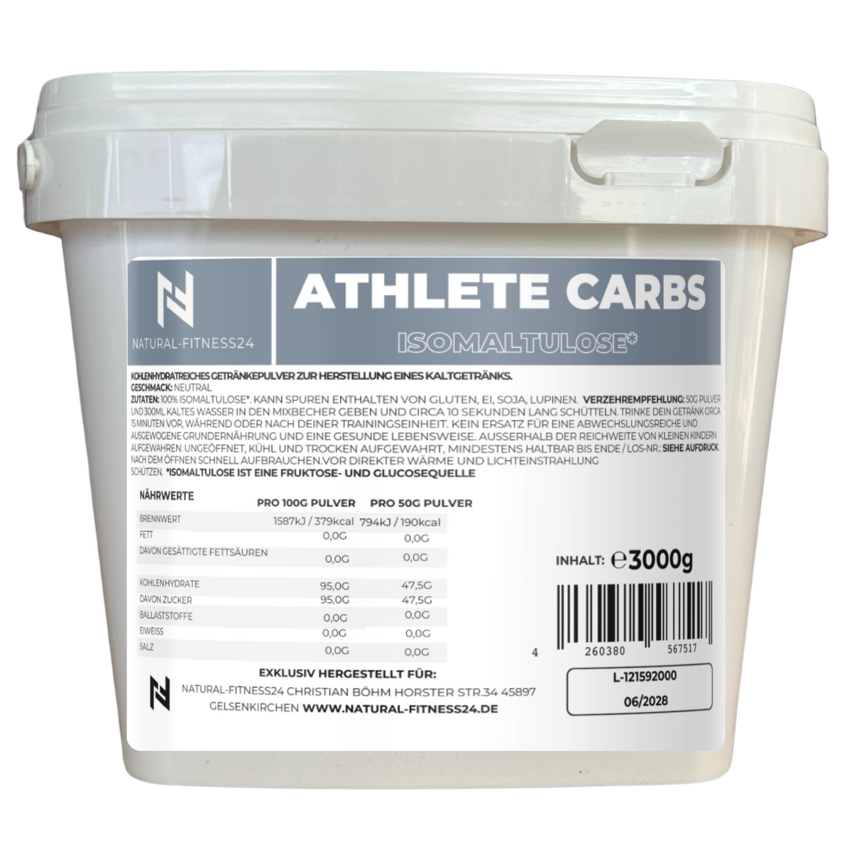 Natural-Fitness24 Athlete Carbs - 100% Isomaltulose Pulver 3Kg Dose