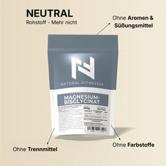 Magnesium Bisglycinat Pulver 500g, Neutral , ohne Aromen & Süßungsmittel, ohne Farbstoffe, ohne Trennmittel, von Natural-Fitness24
