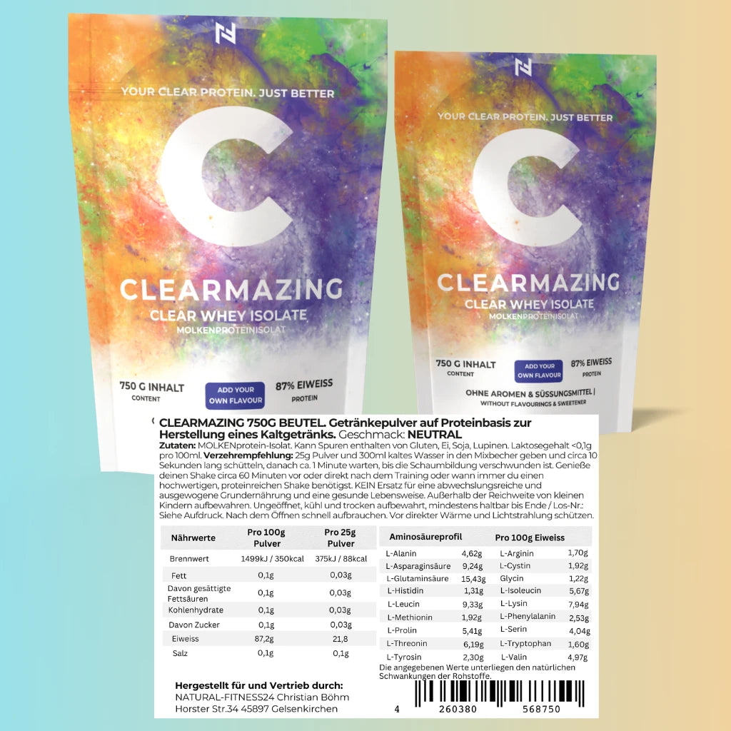 Clearmazing Clear Whey Isolate 750g Neutral ohne Zusatzstoffe wie Aroma und Süßungsmittel Nährwerte