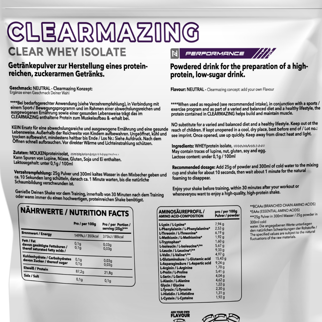 Clearmazing Clear Whey Protein Isolat – 1Kg | 87% Eiweißgehalt, Ohne Aroma & Süßungsmittel