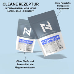 Cleane Kapselrezeptur, nur transparente vegane Kapselhülle plus Creatin Monohydrat Rohstoff, ohne Farbstoffe, Fließ- und Trennmittel, von Natural-Fitness24