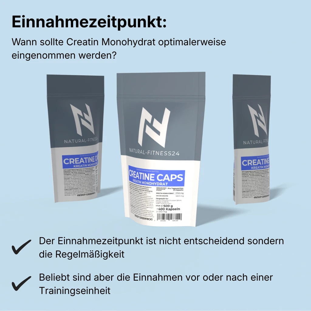 Wann sollte man Kreatin Kapseln einnehmen? Der Einnahmezeitpunkt ist nicht entscheiden sondern die Regelmäßigkeit. oft wird es vor oder nach dem Training eingenommen