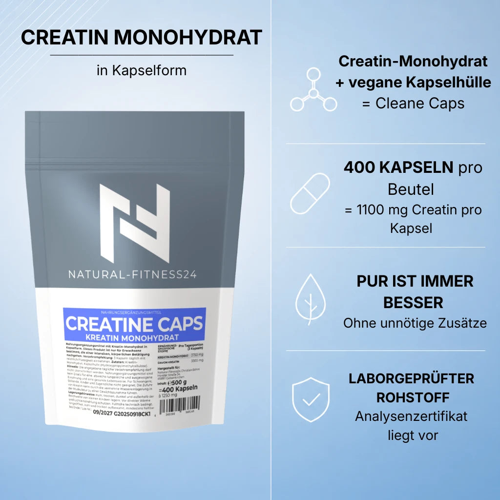 Creatin Monohydrat von NF24, Pur ist immer besser, Cleane Kapselrezeptur ohne unnötige Zusatzstoffe