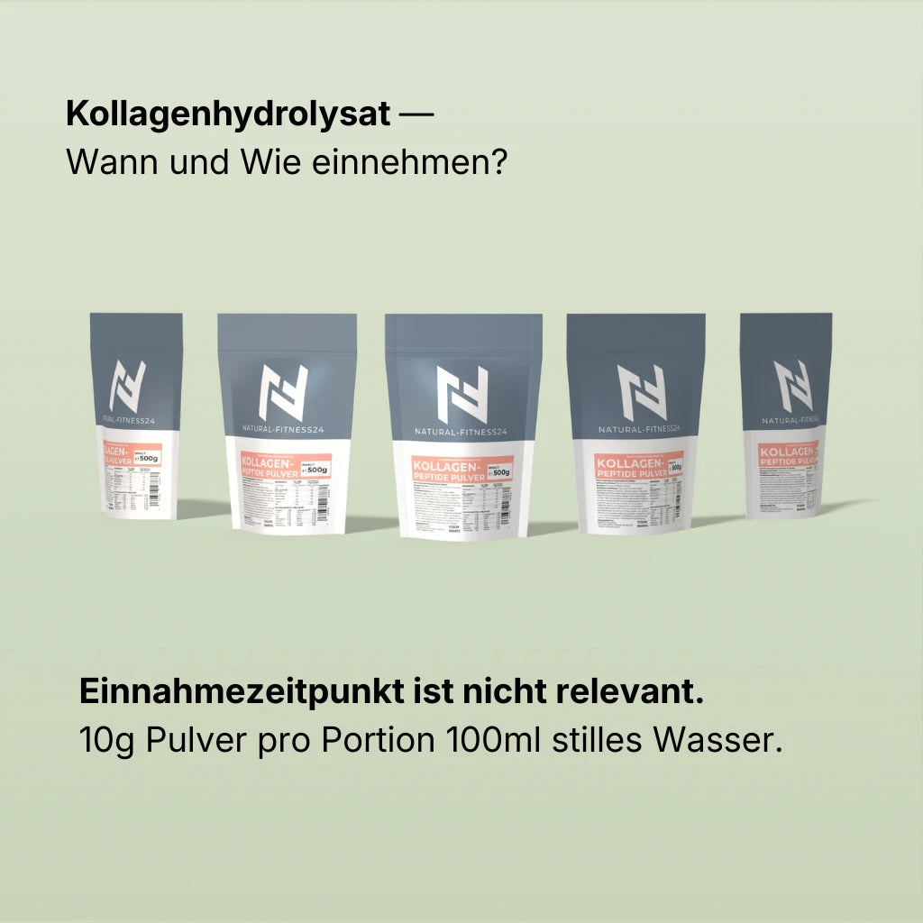 Wann und wie einnehmen? Einnahmezeitpunkt ist nicht relevant, 10g Pulver pro Portion mit 100ml stilles Wasser