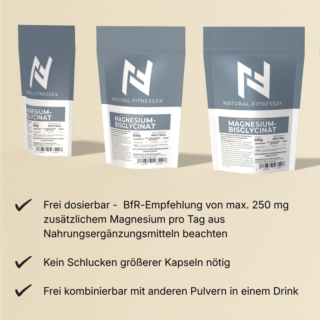 Magnesium Pulver frei dosierter bis max 250mg zusätzlichem Magnesium pro Tag aus Nahrungsergänzungsmitteln, Kein Schlucken großer Kapseln nötig, frei kombinierbar mit anderen Pulvern in einem Drink