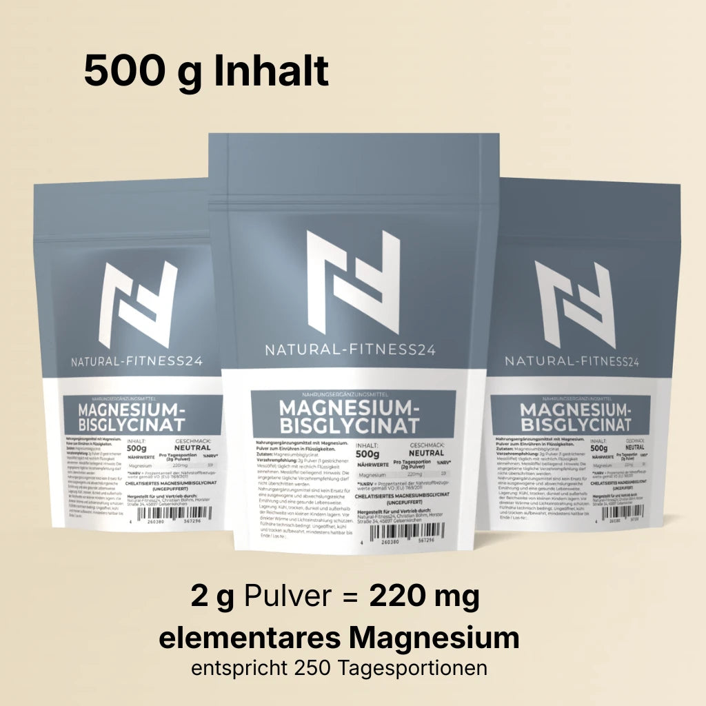 Magnesium Bisglycinat Pulver 500g, voll chelatisiert, ungepuffert, pro 2g Pulver 220mg elementares Mg , von Natural-Fitness24