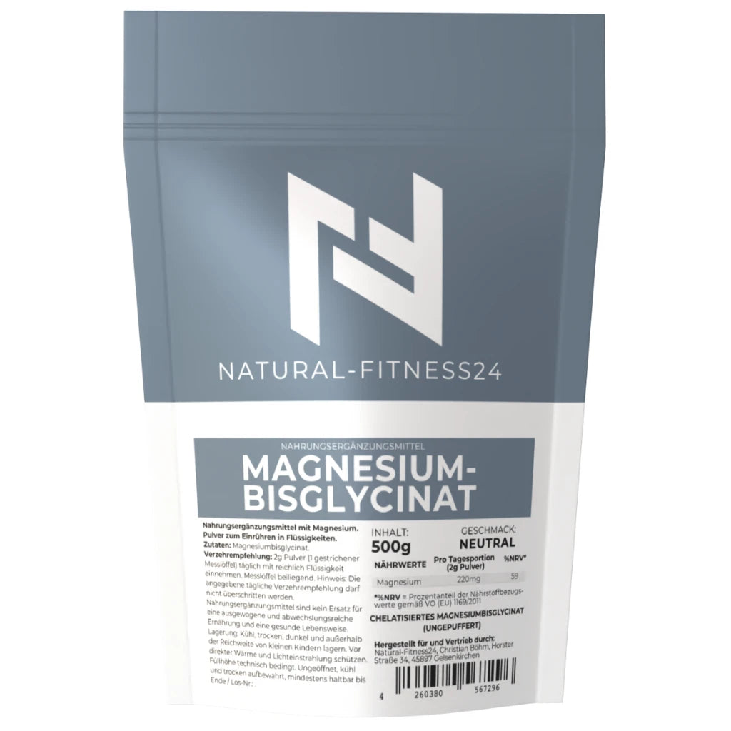 Magnesium Bisglycinat Pulver 500g, voll chelatisiert, ungepuffert, ohne Zusatzstoffe, neutraler Geschmack, von Natural-Fitness24
