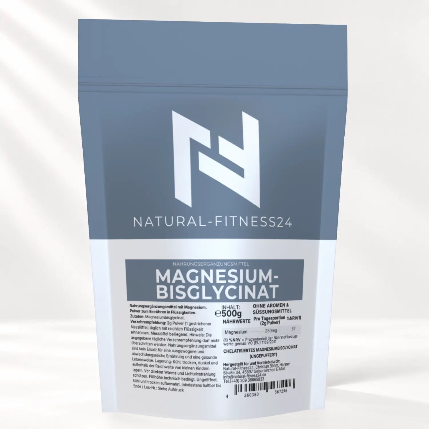Magnesium Bisglycinat oder auch Glycinat genannt Nährwerte 250mg Magnesium pro 2g Pulver im beutel