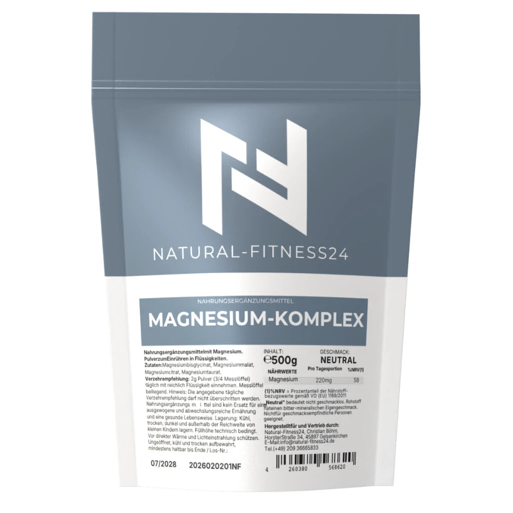 Natural-Fitness24 Magnesium-Komplex 500g Pulver neutral aus Bisglycinat Citrat Taurat und Malat