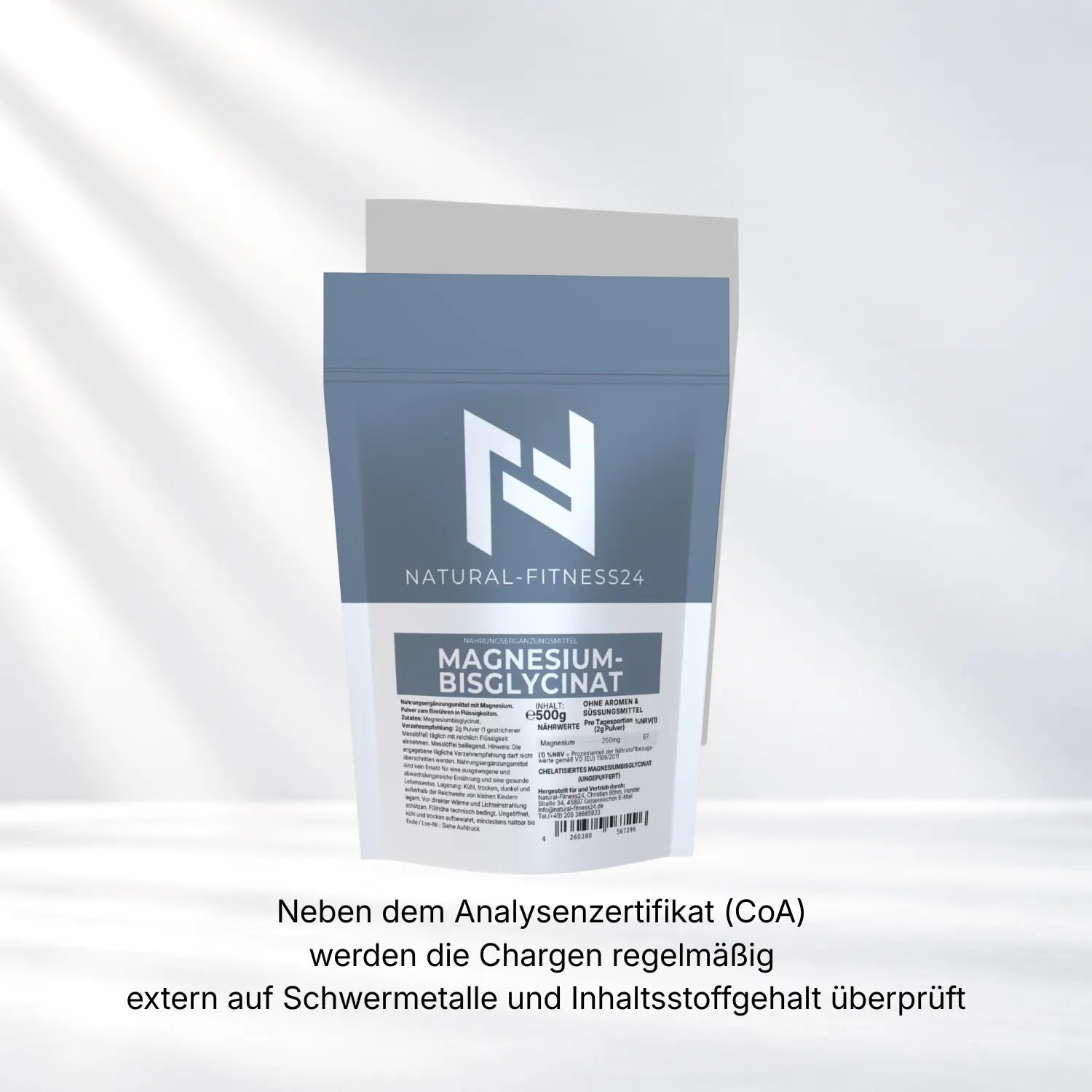 Magnesium Bisglycinat oder auch Glycinat genannt Nährwerte 250mg Magnesium pro 2g Pulver - Extern Laborgeprüft auf Wirkstoff und Schwermetalle