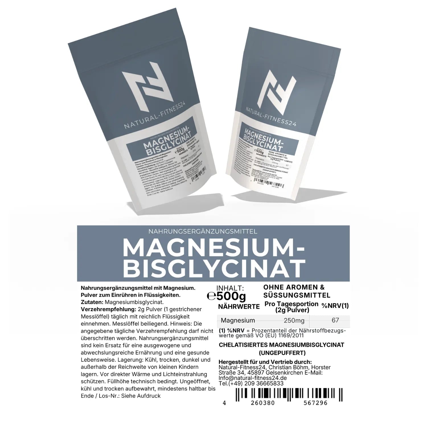 Magnesium Bisglycinat oder auch Glycinat genannt Nährwerte 250mg Magnesium pro 2g Pulver