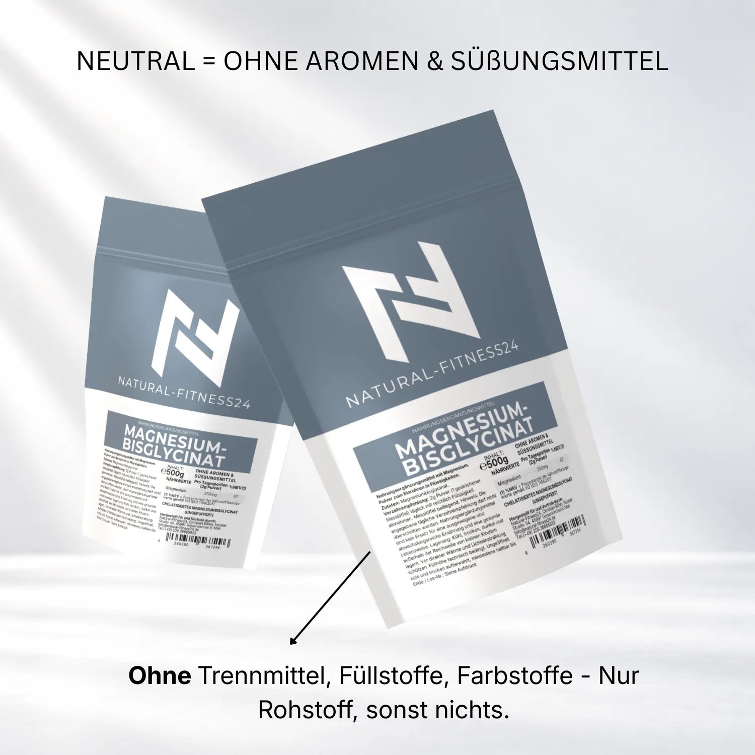 Magnesium Bisglycinat oder auch Glycinat genannt Nährwerte 250mg Magnesium pro 2g Pulver ohne Aromen & Süßungsmittel