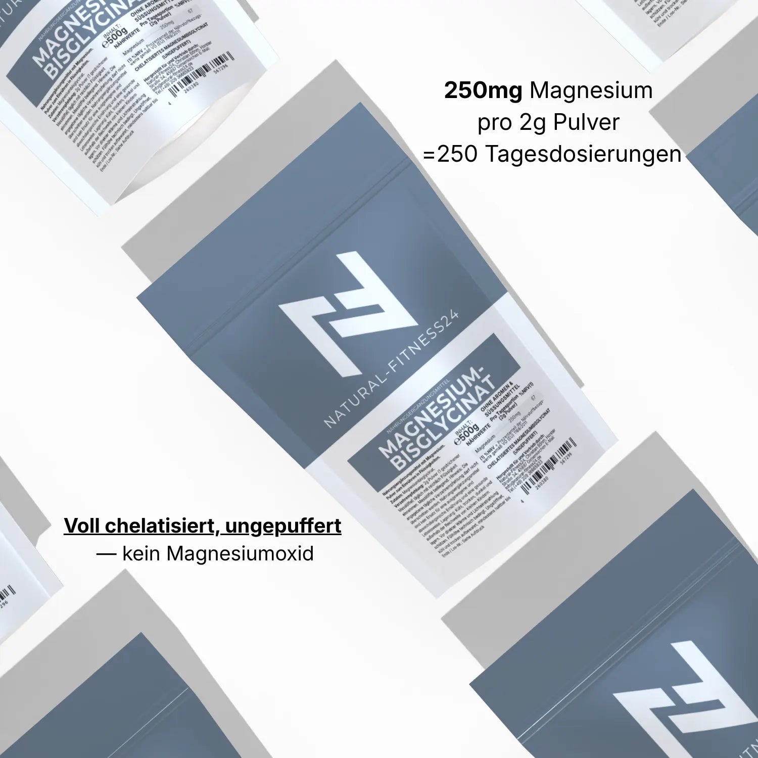 Magnesium Bisglycinat oder auch Glycinat genannt Nährwerte 250mg Magnesium pro 2g Pulver voll chelatisiert ungepuffert ohne Oxid