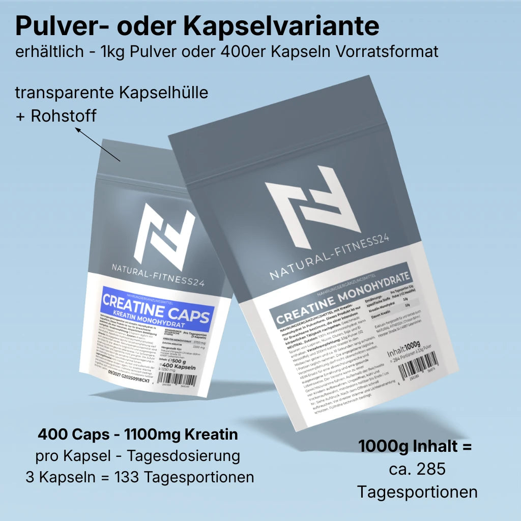 Natural-Fitness24 Creatin Monohydrat 1kg Neutral Was ist besser Kapseln oder Pulver