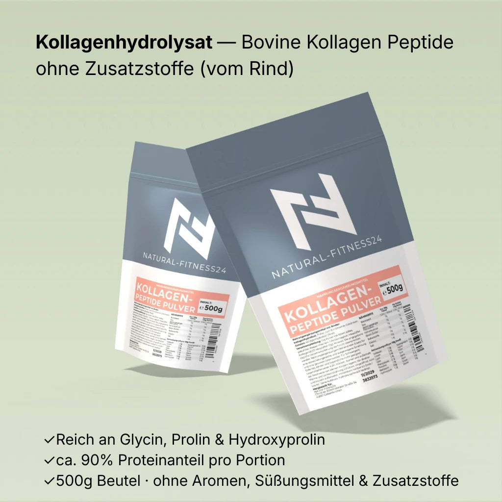 Kollagen Peptide Pulver 500g Neutral von Natural-Fitness24 ohne Zusatzstoffe wie Aromen und Süßungsmittel. 