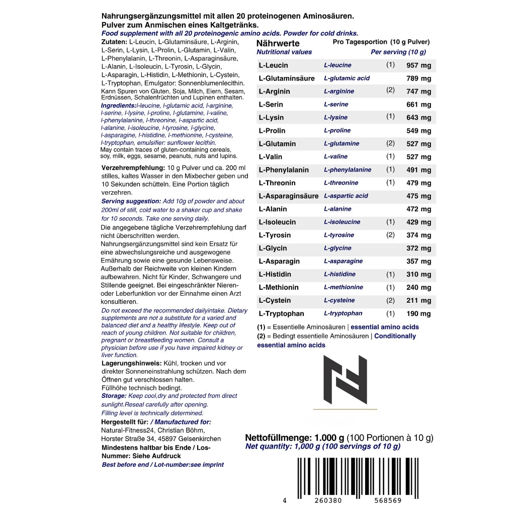 Aminomazing Pure20 besteht aus 20 freien, proteinogenen Aminosäuren 