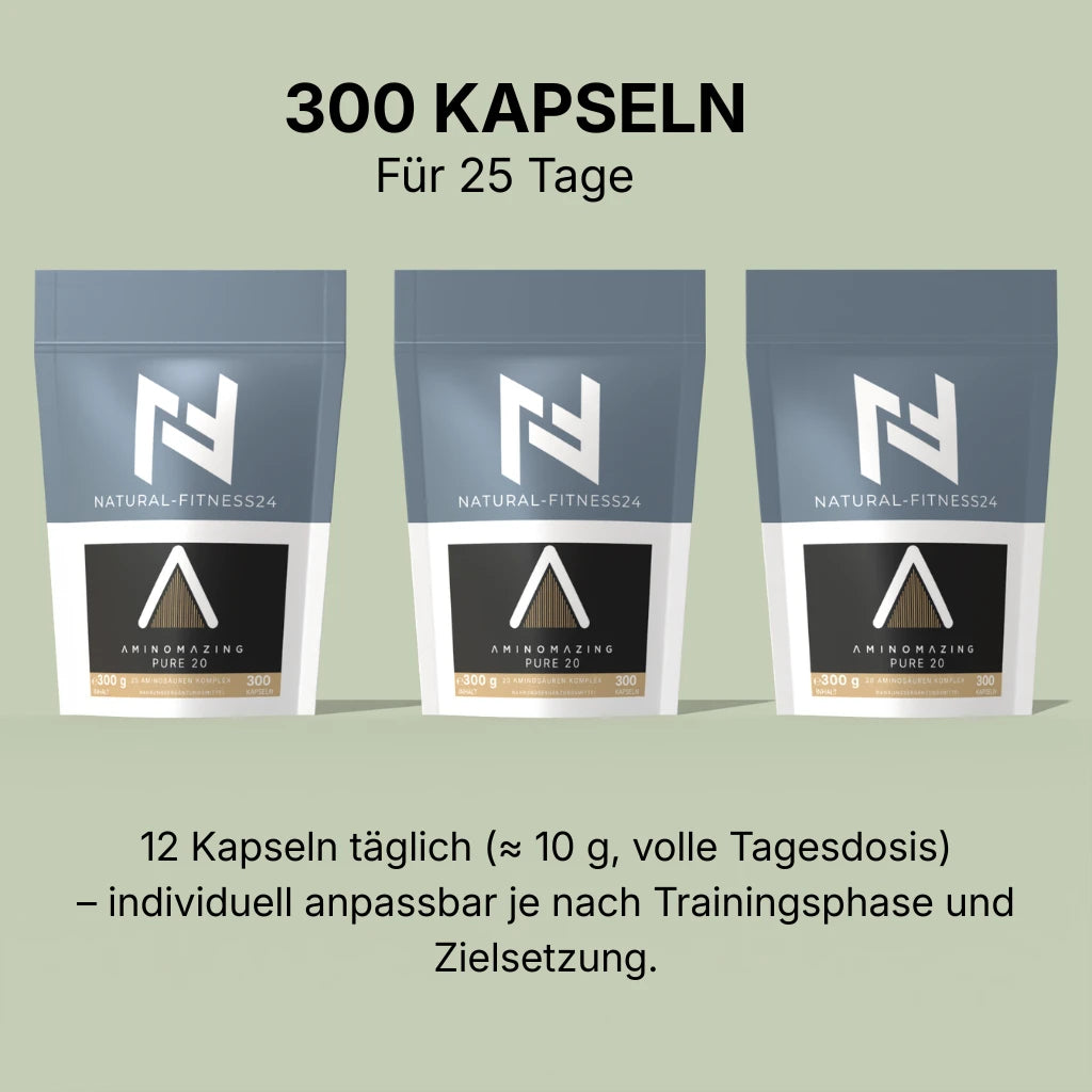 Natural-Fitness24 20 proteinogene Aminosäuren in Kapselform 300 Kapseln pro Beutel für 25 Tagesportionen à 12 Kapseln = ca.10g Aminosäuren