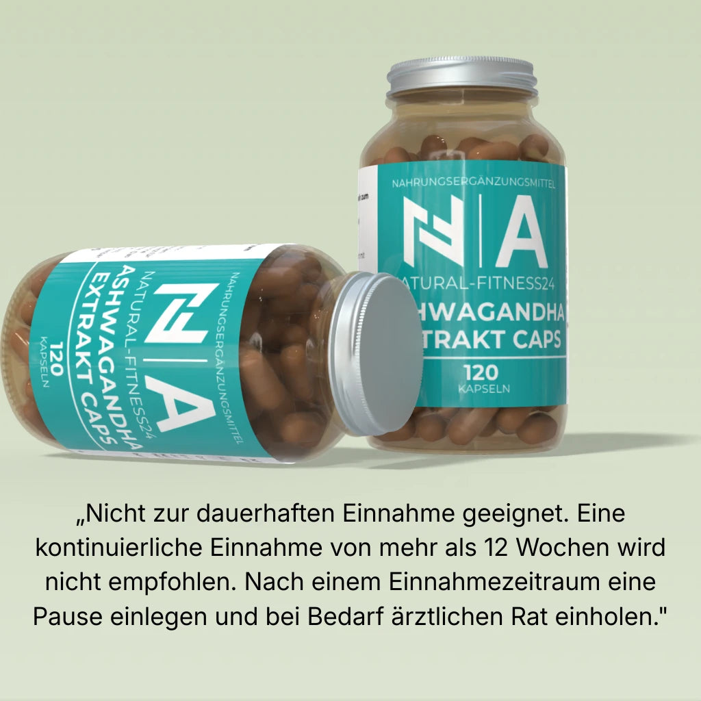 Natural-Fitness24 Ashwagandha Extrakt Kapseln  - Nicht zur dauerhaften Einnahme geeignet. Eine kontrinuierliche Einnahme von mehr als 12 Wochen wird nicht empfohlen. Nach einem Einnahmezeitraum eine Pause einlegen und bei Bedarf ärztlichen Rat einholen. 