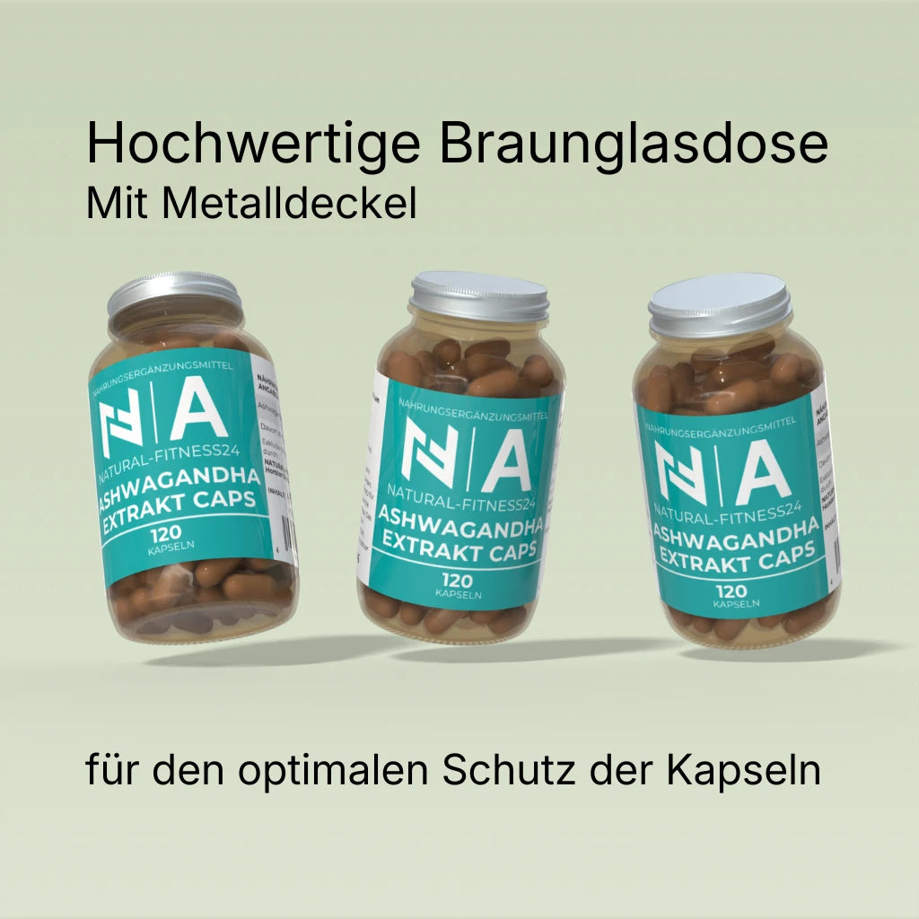 Natural-Fitness24 Ashwagandha Extrakt Kapseln 120 Stück hochwertige Glasdose für den optimalen Schutz der Kapseln. 
