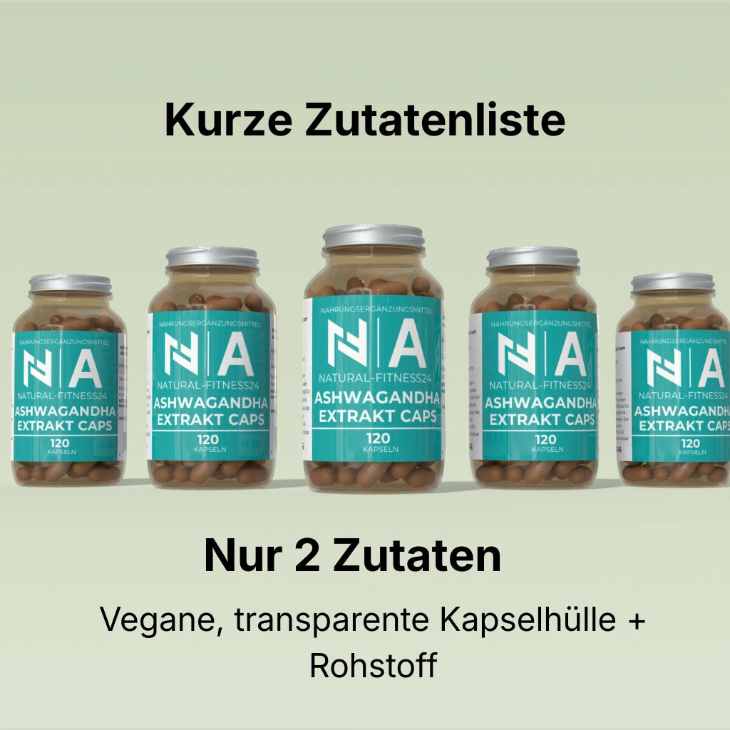 Natural-Fitness24 Ashwagandha Extrakt Kapseln 120 Stück, nur 2 Zutaten. Vegane, trenasparente Kapselhülle plus Rohstoff.