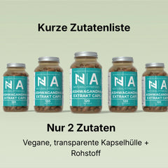 Natural-Fitness24 Ashwagandha Extrakt Kapseln 120 Stück, nur 2 Zutaten. Vegane, trenasparente Kapselhülle plus Rohstoff.