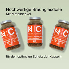 Cordyceps Extrakt Kapseln von Natural-Fitness24 in der Braunglasdose mit Metalldeckel