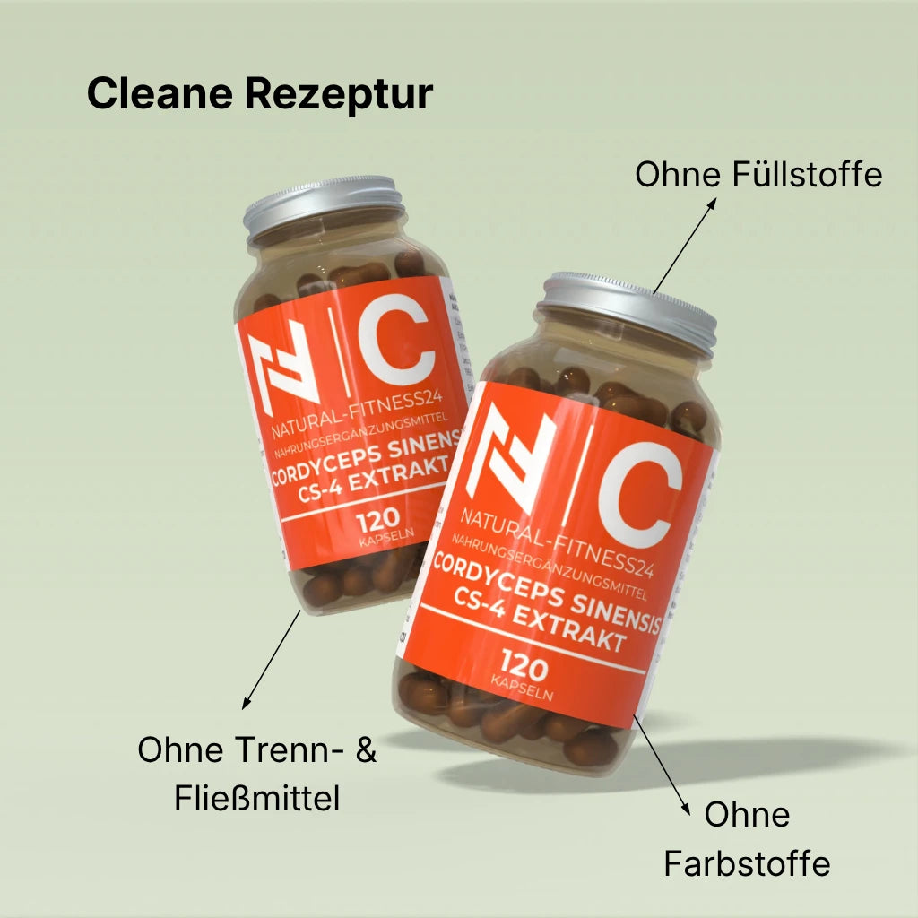Cordyceps Extrakt Kapseln von Natural-Fitness24 nur transparente vegane Kapselhülle plus Rohstoff