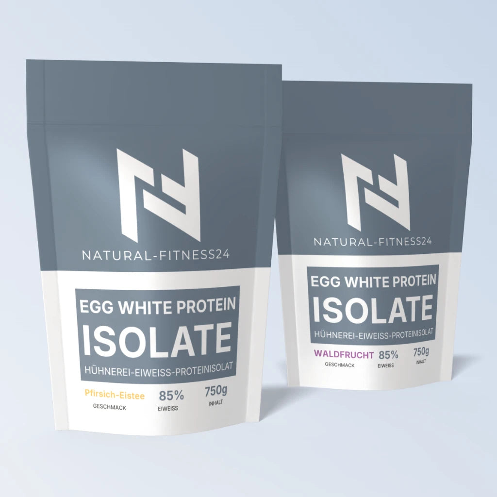 Hühnerei-Eiweiss Egg Protein Isolat in verschiedenen Geschmacksrichtungen Kirsche, Waldfrucht, Pfirsich-Eistee und  Waldfrucht. 85% Eiweissanteil von Natural-Fitness24