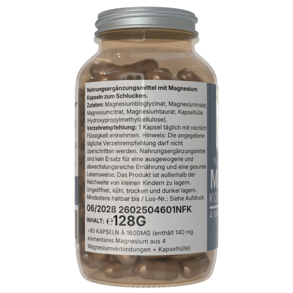 Magnesium Komplex Kapseln aus Citrat , Bisglycinat, Malat, Taurat , vegan ohne Oxid von Natural-Fitness24 1 Kapsel täglich