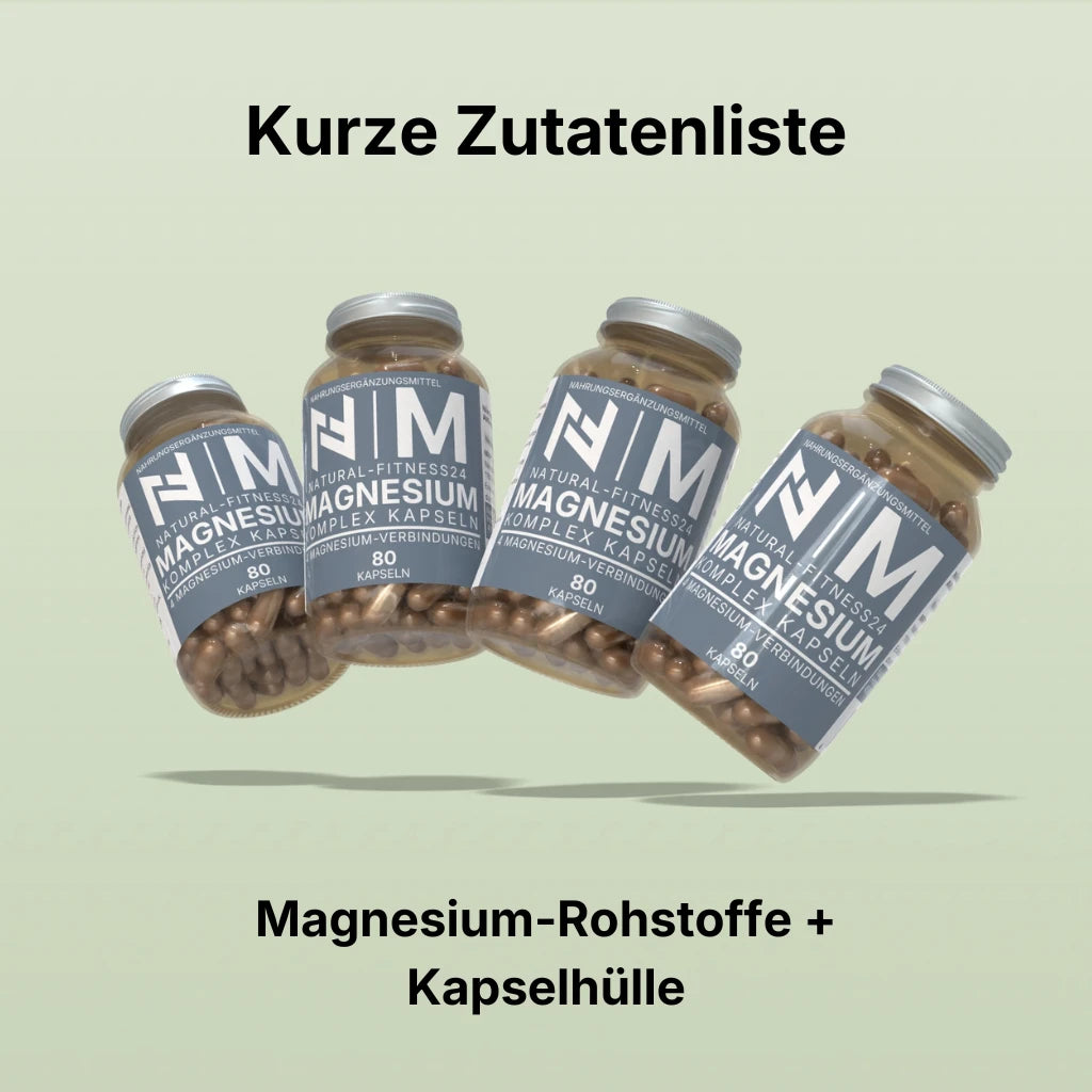 Magnesium Komplex Kapseln aus Citrat , Bisglycinat, Malat, Taurat , vegan ohne Oxid von Natural-Fitness24 - kurze Zutatenliste