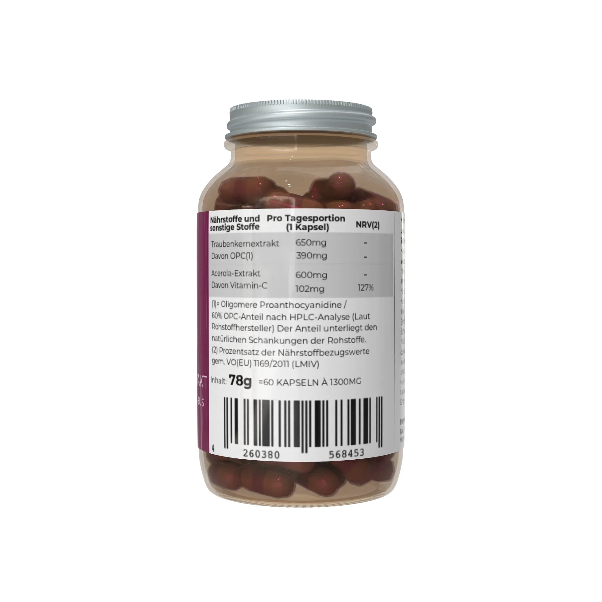 Natural-Fitness24 650mg Traubenkernextrakt davon 390m OPC mit Acerola-Extrakt 600mg davon 102mg Vitamin C Kapseln Nährwerte 