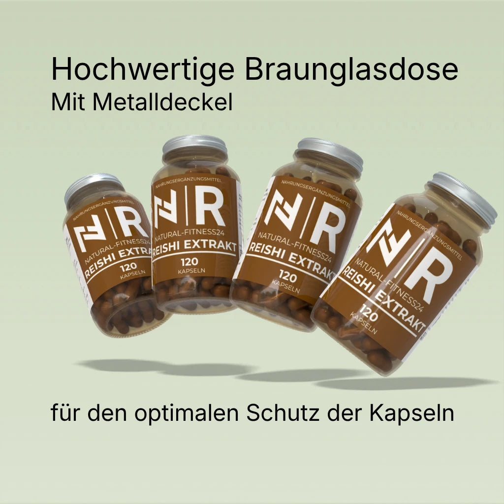 Reishi Extrakt Kapseln von Natural-Fitness24 in der Glasdose mit Metalldeckel