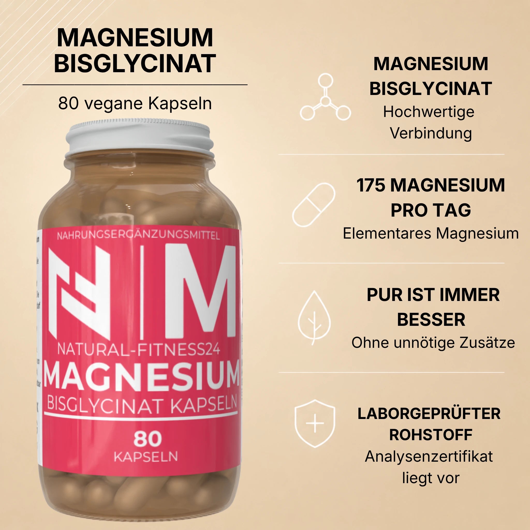 Magnesium Bisglycinat 80 Kapseln mit 175mg elementarem Magnesium pro Kapsel von natural-Fitness24