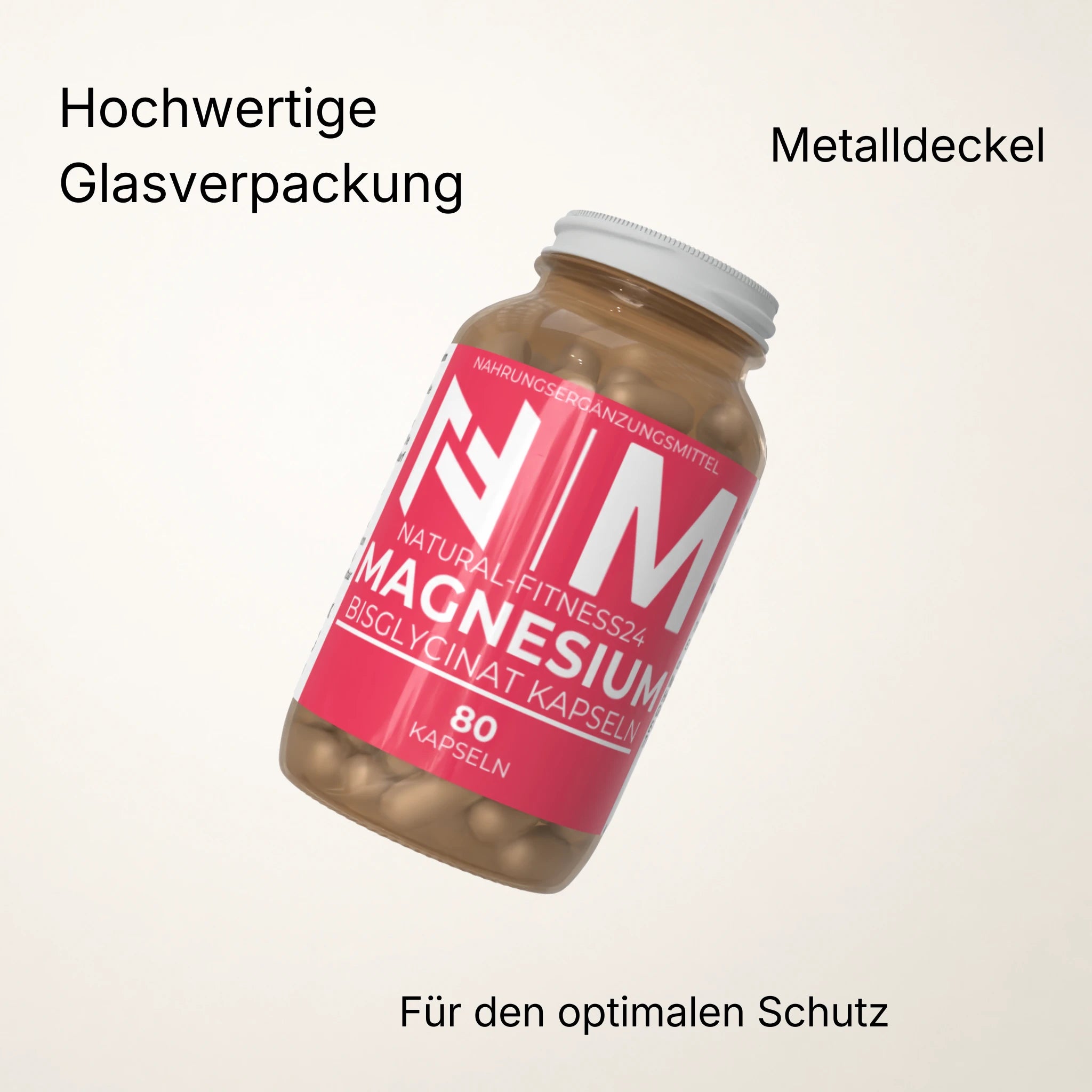 NF24 Magnesium Bisglycinat 80 Kapseln in der Glasdose mit Metalldeckel von natural-Fitness24