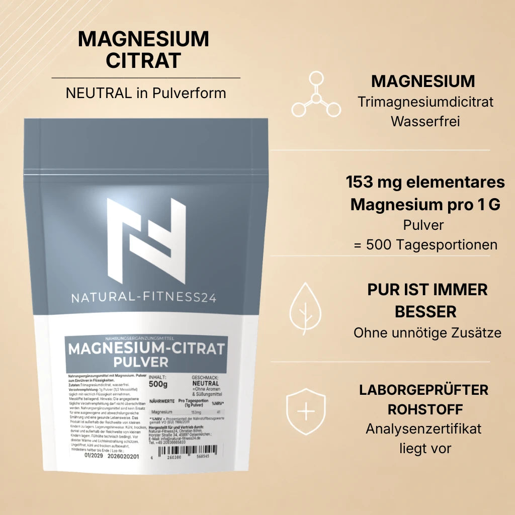 Natural-Fitness24 magnesium-Citrat 500g Pulver 153mg elementares Magnesium pro 1g