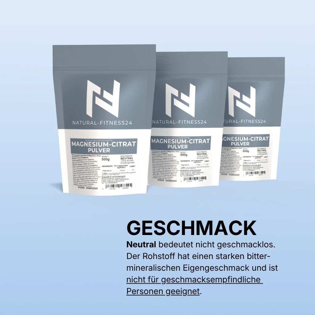 Natural-Fitness24 magnesium-Citrat Pulver hat einen starken bitter-mineralischen Eigengeschmack und ist nicht für geschmacksempfindliche Personen geeignet